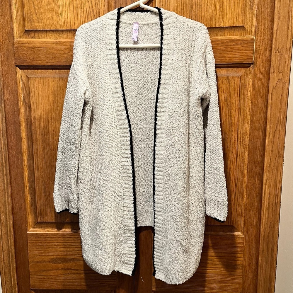 Alya Chenille Cozy Creme Open Front Long Line Cardigan - Size Small